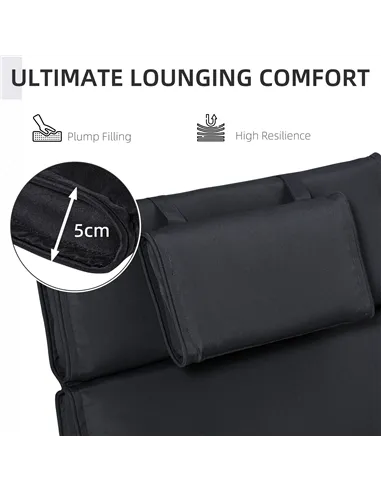 Outsunny Garden Sun Lounger Cushion Replacement Thick Sunbed Reclining Chair Relaxer Pad with Pillow - Black