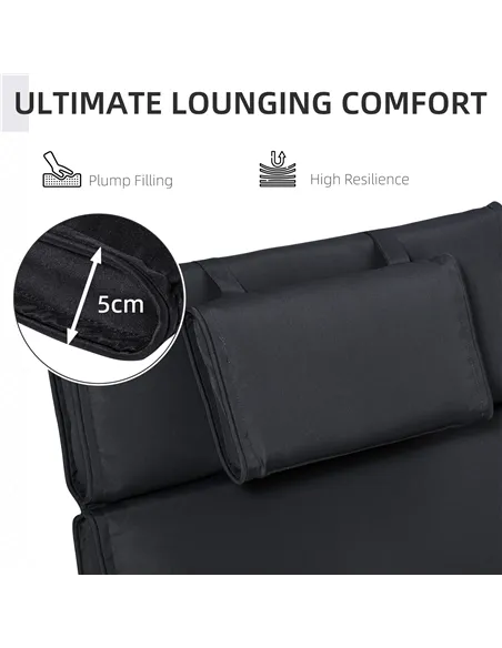 Outsunny Garden Sun Lounger Cushion Replacement Thick Sunbed Reclining Chair Relaxer Pad with Pillow - Black