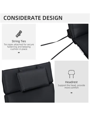Outsunny Garden Sun Lounger Cushion Replacement Thick Sunbed Reclining Chair Relaxer Pad with Pillow - Black