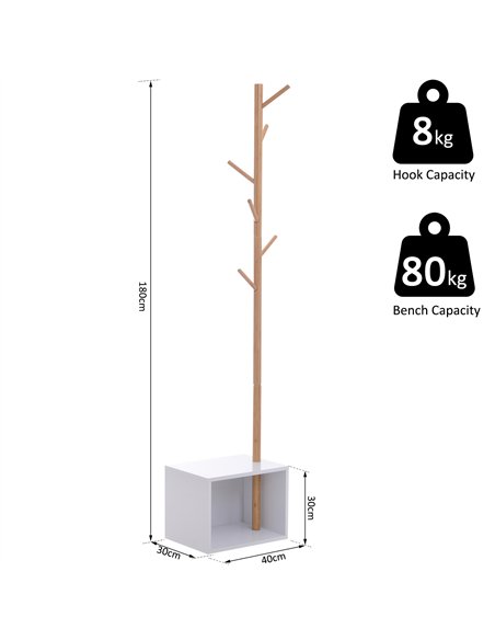 HOMCOM 180 cm Hallway Coat Rack Storage Bench Tree Hat Hanger Entryway Stand Garment Organiser Bedroom Living Room