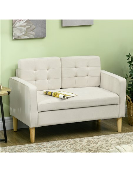 HOMCOM Modern Loveseat Sofa, Compact 2 Seater Sofa with Hidden Storage, 117cm Tufted Cotton Couch with Wood Legs, Cream White