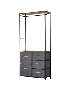 HOMCOM Chest of Drawers with Coat rack Steel Frame 5 Drawers  Bedroom Hallway Home Furniture Black Brown