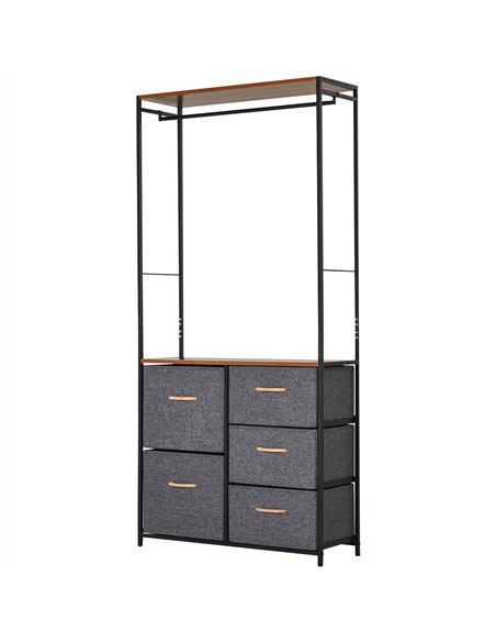 HOMCOM Chest of Drawers with Coat rack Steel Frame 5 Drawers  Bedroom Hallway Home Furniture Black Brown