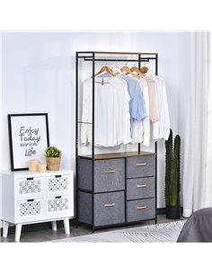 HOMCOM Chest of Drawers with Coat rack Steel Frame 5 Drawers  Bedroom Hallway Home Furniture Black Brown 2