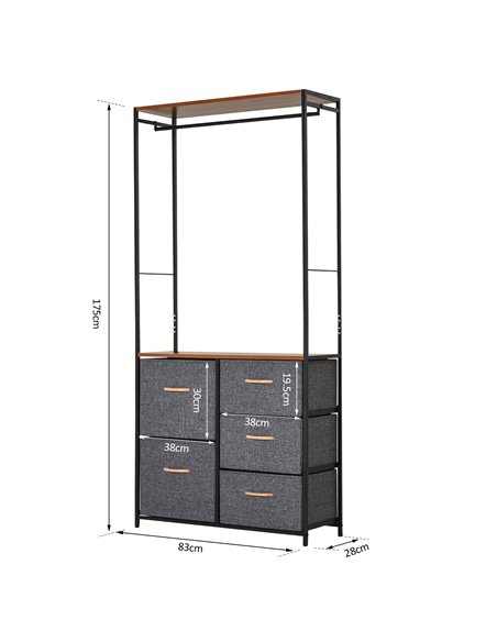 HOMCOM Chest of Drawers with Coat rack Steel Frame 5 Drawers  Bedroom Hallway Home Furniture Black Brown