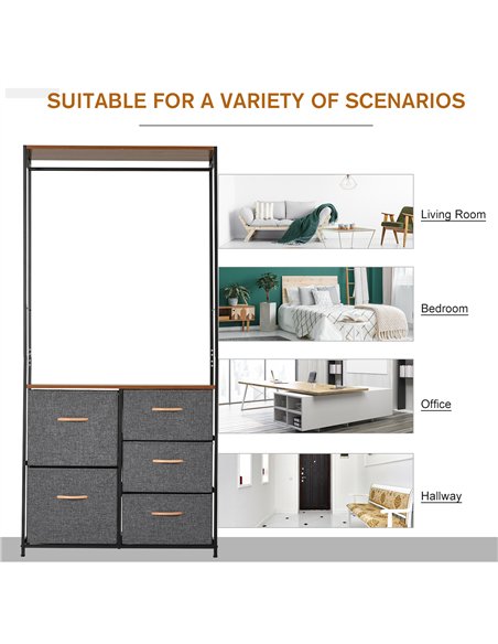 HOMCOM Chest of Drawers with Coat rack Steel Frame 5 Drawers  Bedroom Hallway Home Furniture Black Brown