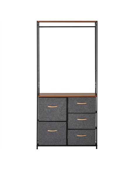 HOMCOM Chest of Drawers with Coat rack Steel Frame 5 Drawers  Bedroom Hallway Home Furniture Black Brown