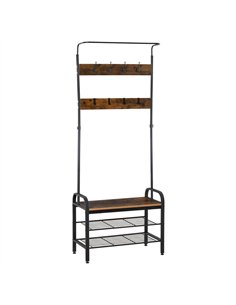 HOMCOM Coat Rack Stand Industrial hallway Shoe Rack Removable Hooks Metal Wood Hangers Storage Cabinet Rustic Brown 72L×34W×185H