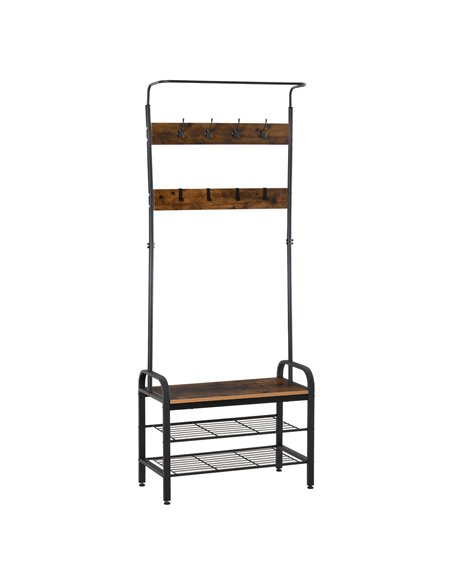 HOMCOM Coat Rack Stand Industrial hallway Shoe Rack Removable Hooks Metal Wood Hangers Storage Cabinet Rustic Brown 72L×34W×185H