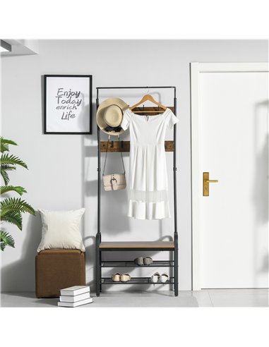 HOMCOM Coat Rack Stand Industrial hallway Shoe Rack Removable Hooks Metal Wood Hangers Storage Cabinet Rustic Brown 72L×34W×185H