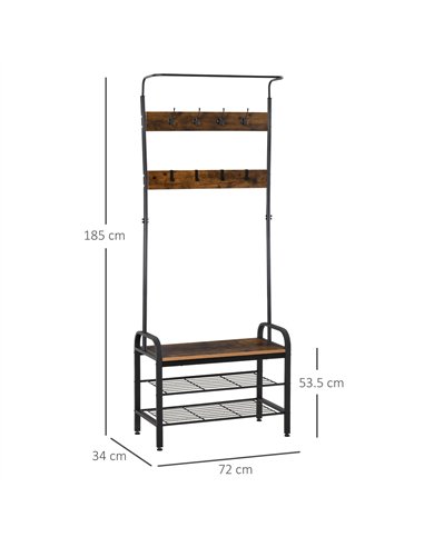 HOMCOM Coat Rack Stand Industrial hallway Shoe Rack Removable Hooks Metal Wood Hangers Storage Cabinet Rustic Brown 72L×34W×185H