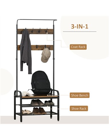 HOMCOM Coat Rack Stand Industrial hallway Shoe Rack Removable Hooks Metal Wood Hangers Storage Cabinet Rustic Brown 72L×34W×185H