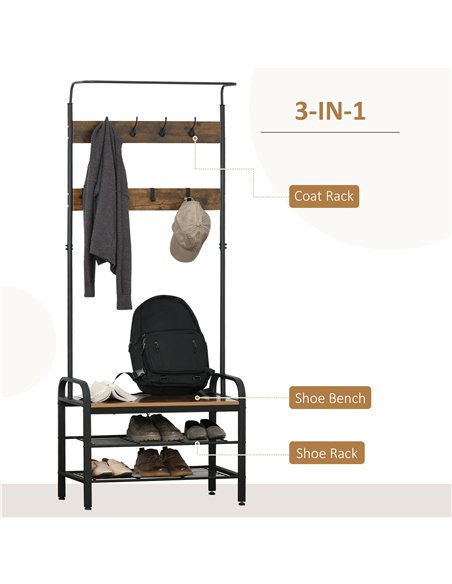 HOMCOM Coat Rack Stand Industrial hallway Shoe Rack Removable Hooks Metal Wood Hangers Storage Cabinet Rustic Brown 72L×34W×185H