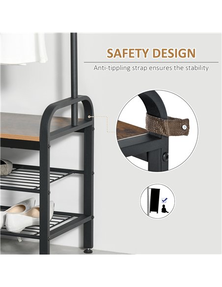 HOMCOM Coat Rack Stand Industrial hallway Shoe Rack Removable Hooks Metal Wood Hangers Storage Cabinet Rustic Brown 72L×34W×185H