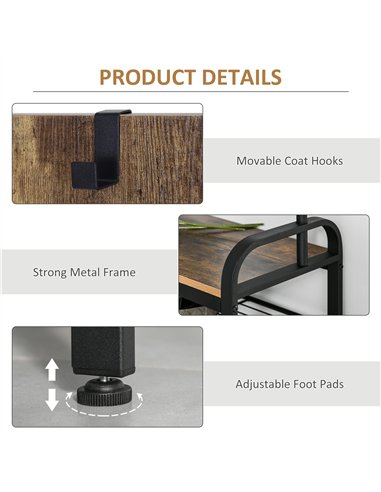 HOMCOM Coat Rack Stand Industrial hallway Shoe Rack Removable Hooks Metal Wood Hangers Storage Cabinet Rustic Brown 72L×34W×185H