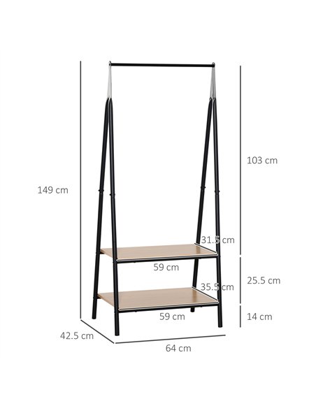 HOMCOM Clothes Rail, Freestanding Metal Clothes Rack with 2 Tier Storage Shelves for Bedroom and Entryway, 64 x 42.5 x 149 cm, B
