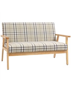 HOMCOM Compact Loveseat Couch Double Seat Sofa with Lattice Pattern and Rubber Wood Frame Beige and Coffee