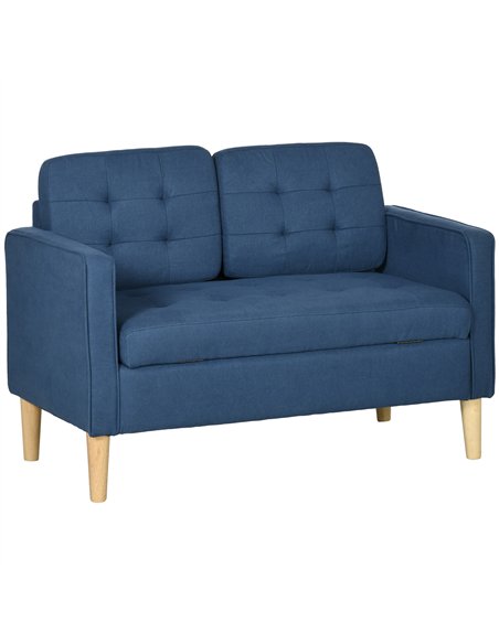 HOMCOM Modern Loveseat Sofa, Compact 2 Seater Sofa with Hidden Storage, 117cm Tufted Cotton Couch with Wood Legs, Blue