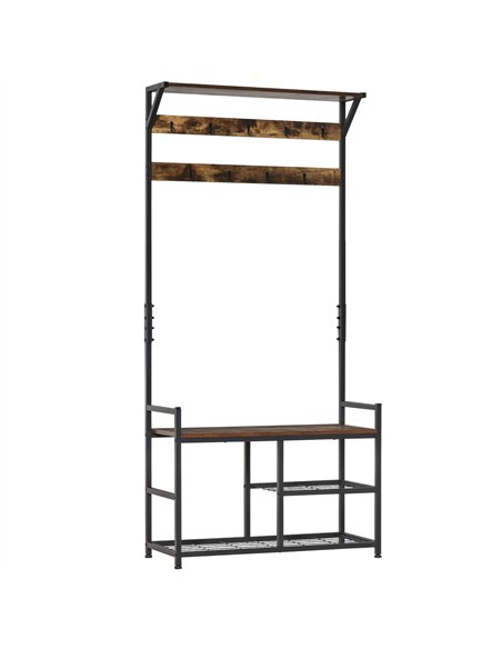 HOMCOM Coat Rack Stand Shoe Storage Bench with 9 Hooks Shelves for Bedroom Living Room Entryway Brown and Black 180cm