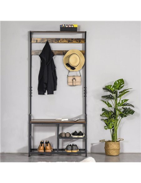 HOMCOM Coat Rack Stand Shoe Storage Bench with 9 Hooks Shelves for Bedroom Living Room Entryway Brown and Black 180cm