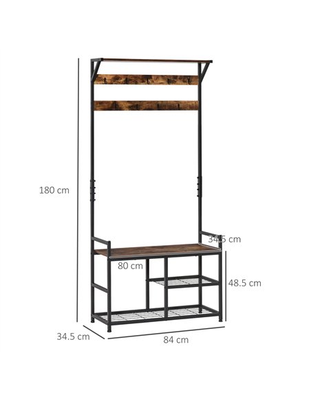 HOMCOM Coat Rack Stand Shoe Storage Bench with 9 Hooks Shelves for Bedroom Living Room Entryway Brown and Black 180cm