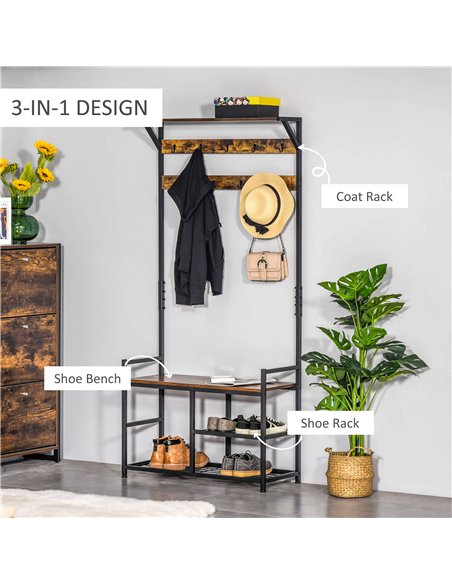 HOMCOM Coat Rack Stand Shoe Storage Bench with 9 Hooks Shelves for Bedroom Living Room Entryway Brown and Black 180cm
