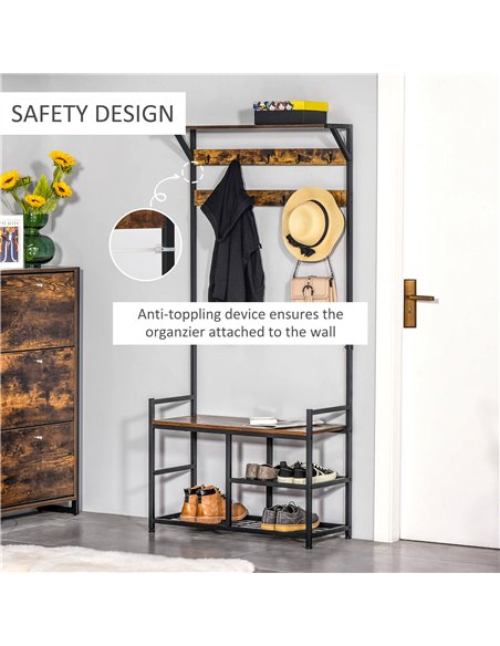 HOMCOM Coat Rack Stand Shoe Storage Bench with 9 Hooks Shelves for Bedroom Living Room Entryway Brown and Black 180cm
