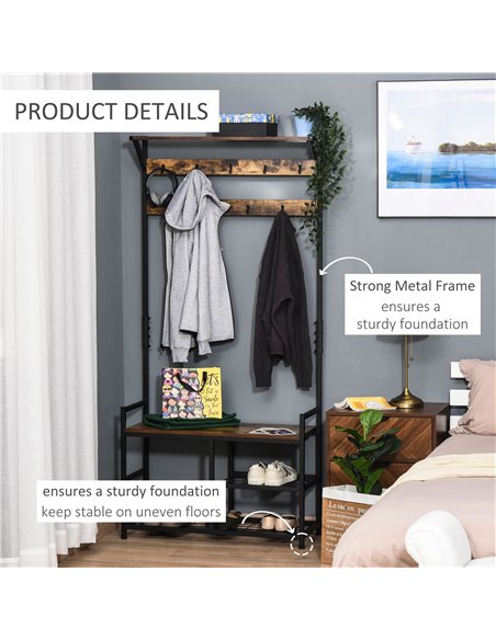 HOMCOM Coat Rack Stand Shoe Storage Bench with 9 Hooks Shelves for Bedroom Living Room Entryway Brown and Black 180cm