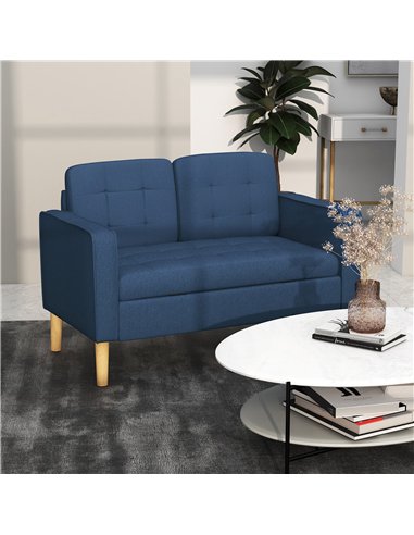 HOMCOM Modern Loveseat Sofa, Compact 2 Seater Sofa with Hidden Storage, 117cm Tufted Cotton Couch with Wood Legs, Blue