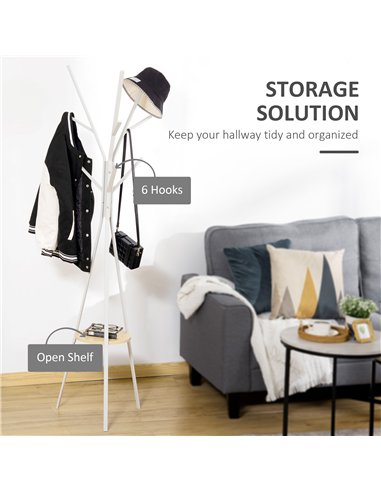 HOMCOM Freestanding Metal Coat Rack Stand 9 Hooks Clothes Tree with 1 Shelf Hat Display Hall Tree Hanger Bag Umbrella Hanging Or