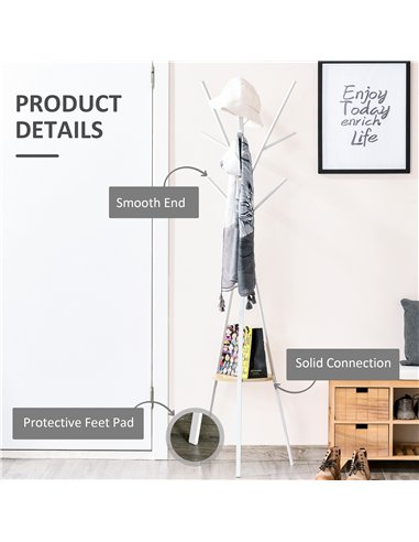 HOMCOM Freestanding Metal Coat Rack Stand 9 Hooks Clothes Tree with 1 Shelf Hat Display Hall Tree Hanger Bag Umbrella Hanging Or