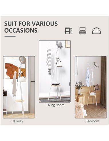 HOMCOM Freestanding Metal Coat Rack Stand 9 Hooks Clothes Tree with 1 Shelf Hat Display Hall Tree Hanger Bag Umbrella Hanging Or
