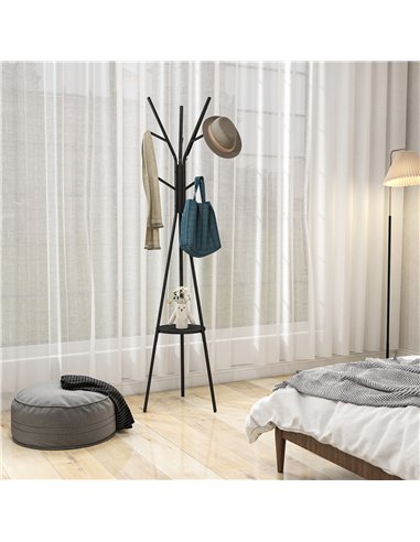 HOMCOM Freestanding Metal Coat Rack Stand 9 Hooks Clothes Tree with 1 Shelf Hat Display Hall Tree Hanger Bag Umbrella Hanging Or