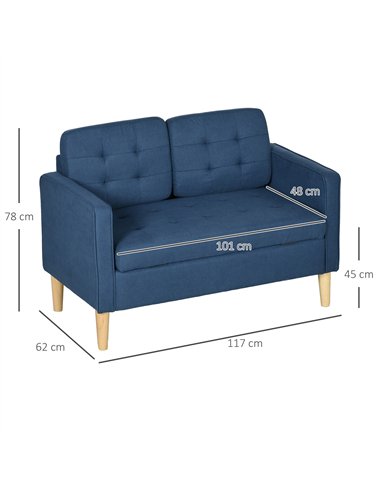 HOMCOM Modern Loveseat Sofa, Compact 2 Seater Sofa with Hidden Storage, 117cm Tufted Cotton Couch with Wood Legs, Blue