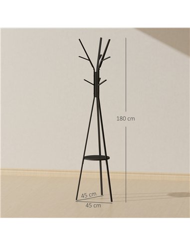 HOMCOM Freestanding Metal Coat Rack Stand 9 Hooks Clothes Tree with 1 Shelf Hat Display Hall Tree Hanger Bag Umbrella Hanging Or