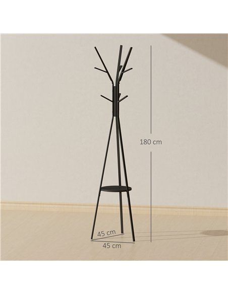 HOMCOM Freestanding Metal Coat Rack Stand 9 Hooks Clothes Tree with 1 Shelf Hat Display Hall Tree Hanger Bag Umbrella Hanging Or