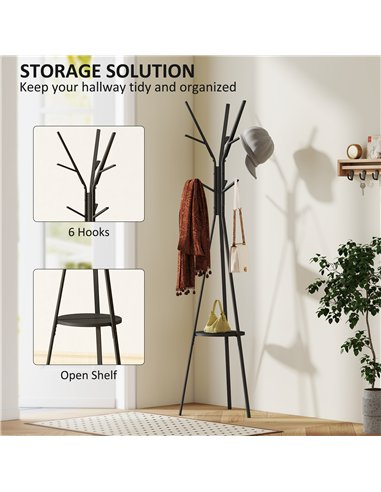 HOMCOM Freestanding Metal Coat Rack Stand 9 Hooks Clothes Tree with 1 Shelf Hat Display Hall Tree Hanger Bag Umbrella Hanging Or