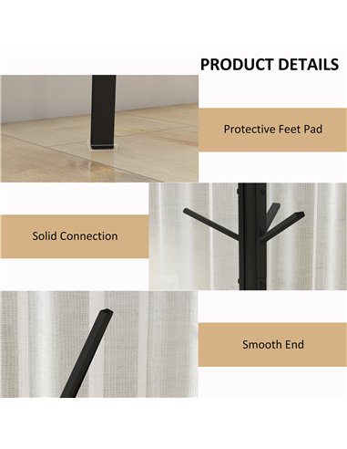 HOMCOM Freestanding Metal Coat Rack Stand 9 Hooks Clothes Tree with 1 Shelf Hat Display Hall Tree Hanger Bag Umbrella Hanging Or