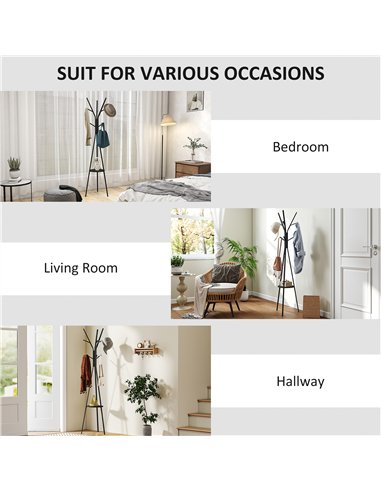 HOMCOM Freestanding Metal Coat Rack Stand 9 Hooks Clothes Tree with 1 Shelf Hat Display Hall Tree Hanger Bag Umbrella Hanging Or