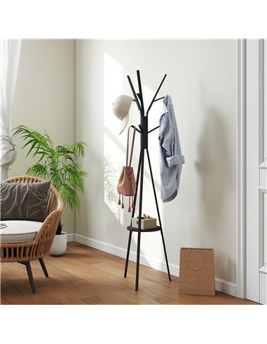 HOMCOM Freestanding Metal Coat Rack Stand 9 Hooks Clothes Tree with 1 Shelf Hat Display Hall Tree Hanger Bag Umbrella Hanging Or