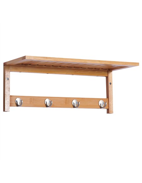 HOMCOM Wall Mounted Coat Clothes Hat Hanger 4 Hooks Rack Stand with Rail & Storage Shelf for Hallway Entryway Bedroom Bathroom