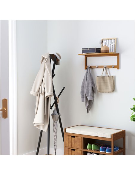 HOMCOM Wall Mounted Coat Clothes Hat Hanger 4 Hooks Rack Stand with Rail & Storage Shelf for Hallway Entryway Bedroom Bathroom