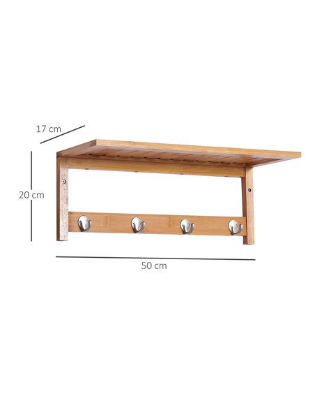 HOMCOM Wall Mounted Coat Clothes Hat Hanger 4 Hooks Rack Stand with Rail & Storage Shelf for Hallway Entryway Bedroom Bathroom