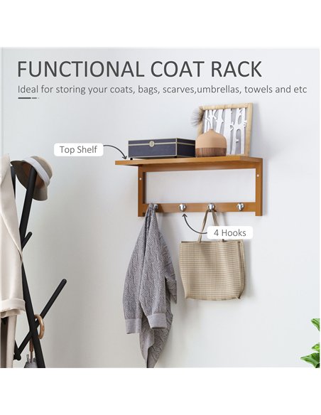 HOMCOM Wall Mounted Coat Clothes Hat Hanger 4 Hooks Rack Stand with Rail & Storage Shelf for Hallway Entryway Bedroom Bathroom