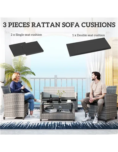 Outsunny Outdoor Seat Cushion Pads for Rattan Furniture, 3 PCs Garden Furniture Cushions, Black