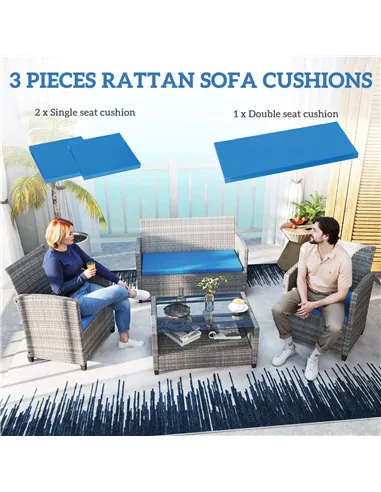 Outsunny Outdoor Seat Cushion Pads for Rattan Furniture, 3 PCs Garden Furniture Cushions,  Sky Blue