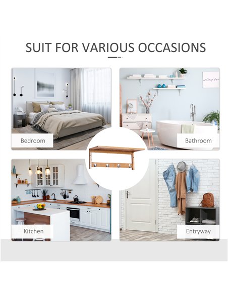 HOMCOM Wall Mounted Coat Clothes Hat Hanger 4 Hooks Rack Stand with Rail & Storage Shelf for Hallway Entryway Bedroom Bathroom