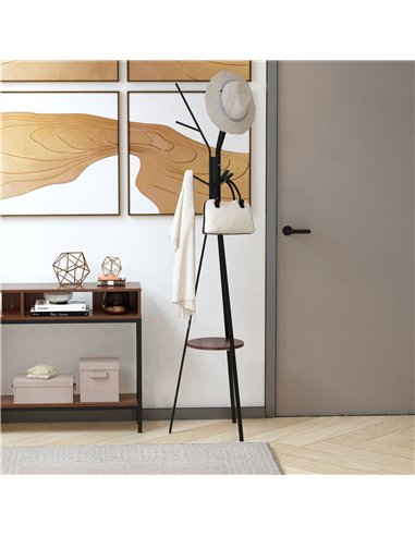 HOMCOM Freestanding Metal Coat Rack Stand 9 Hooks Clothes Tree with 1 Shelf Hat Display Hall Tree Hanger Bag Umbrella Hanging Or