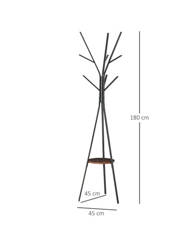 HOMCOM Freestanding Metal Coat Rack Stand 9 Hooks Clothes Tree with 1 Shelf Hat Display Hall Tree Hanger Bag Umbrella Hanging Or