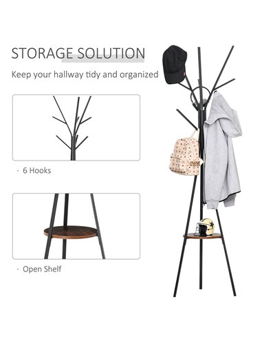 HOMCOM Freestanding Metal Coat Rack Stand 9 Hooks Clothes Tree with 1 Shelf Hat Display Hall Tree Hanger Bag Umbrella Hanging Or